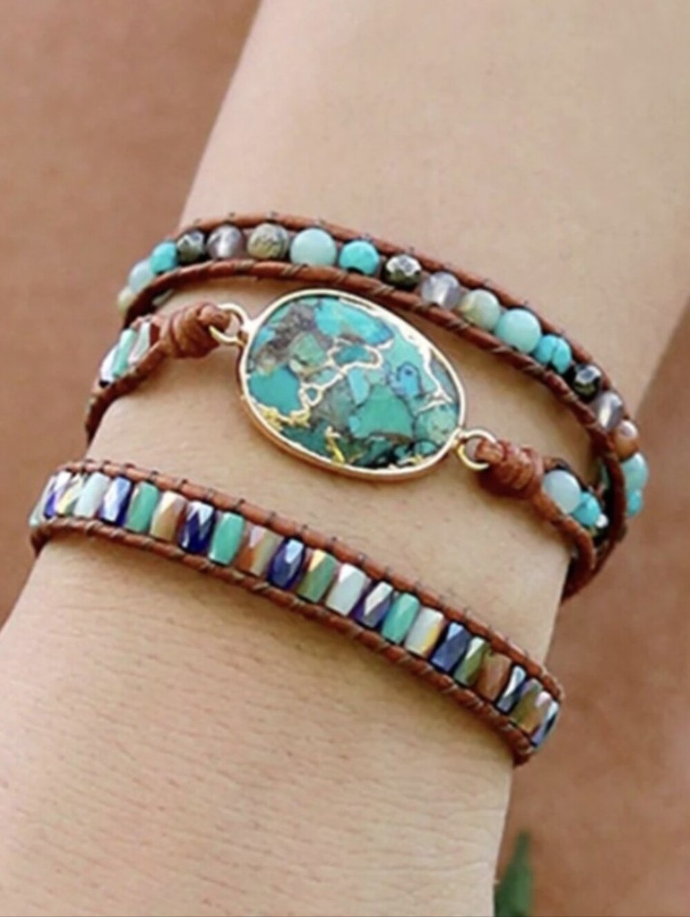 Gold Tone Bezeled Mojave Turquoise Stone Triple Strand Beaded Wrap Bracelet